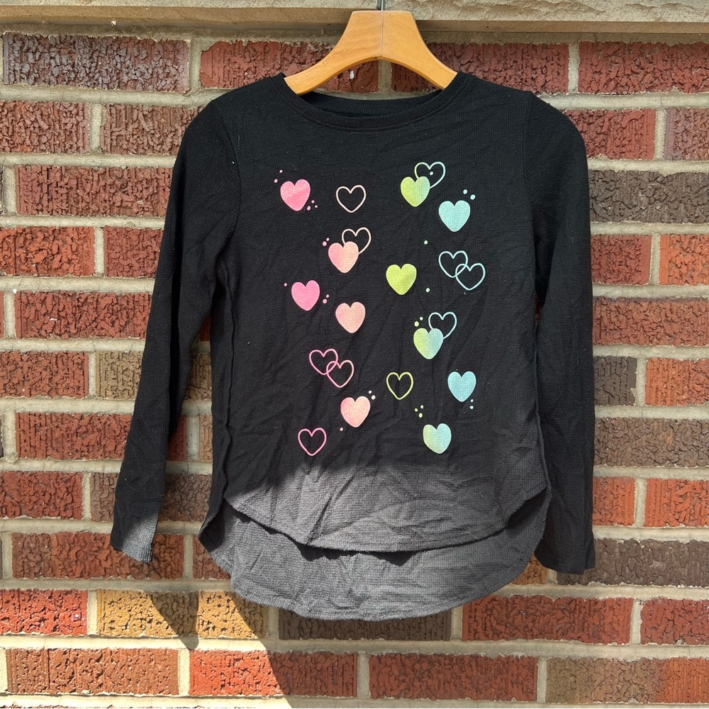 SO Black Sparkly Rainbow Heart Graphic Waffle Knit Long Sleeve Top